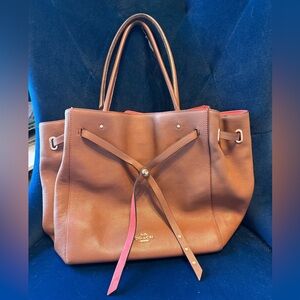 Coach Tan Leather Tote with Red Accents